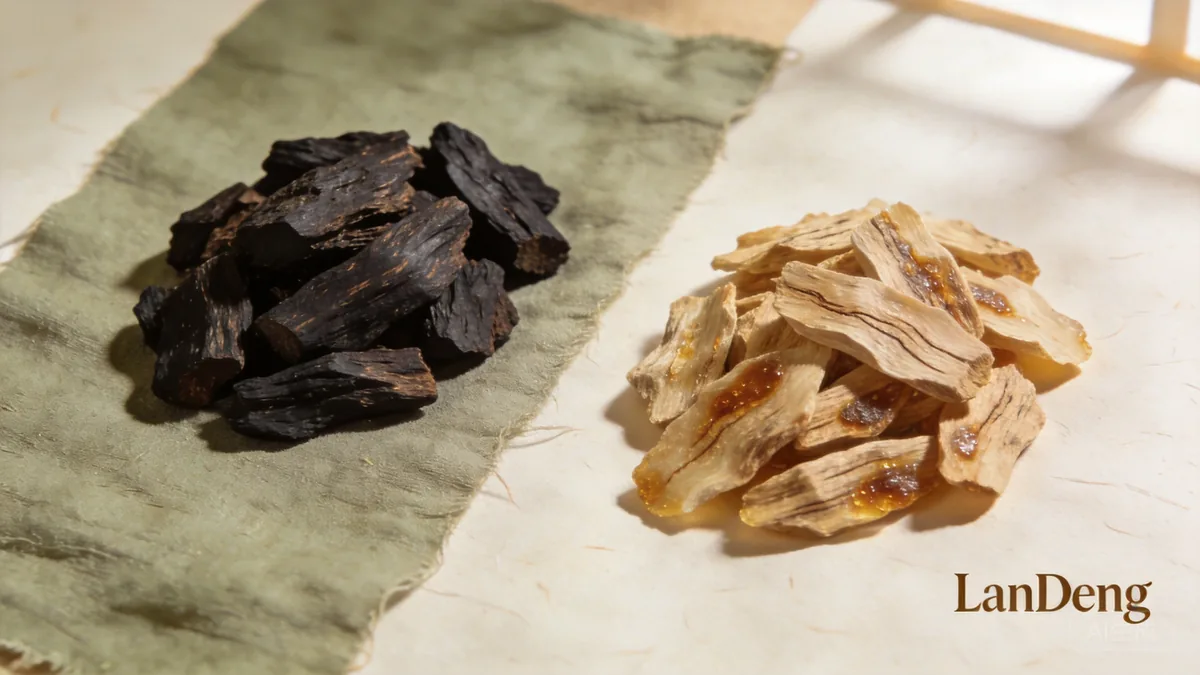 Agarwood pieces in two groups on sage cloth, sinking and floating grades