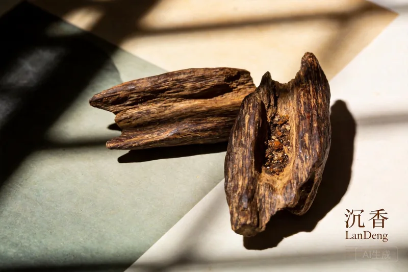 Dark resin-veined agarwood pieces arranged on warm rice paper.