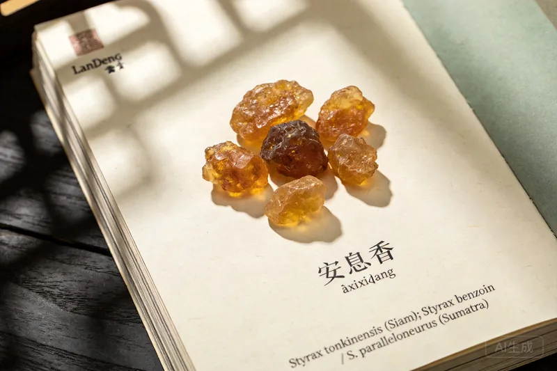 Amber-brown benzoin resin lumps in a ceramic dish.