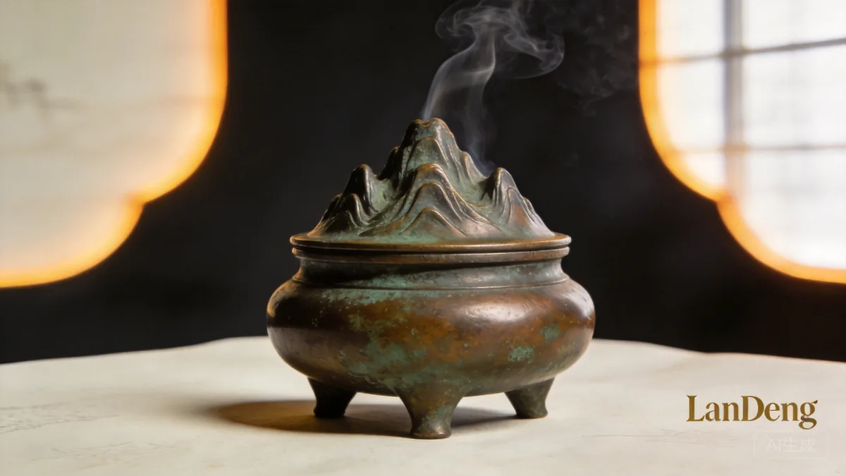 Ancient Chinese Boshan bronze mountain censer with smoke rising