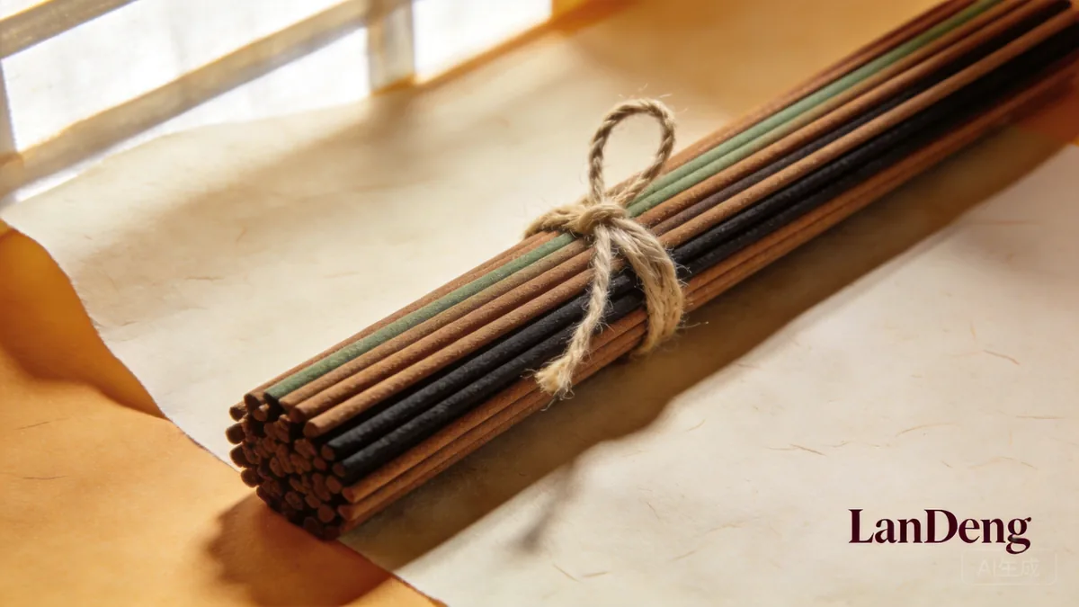 Bundle of hand-made Chinese incense sticks tied with cotton twine on rice paper