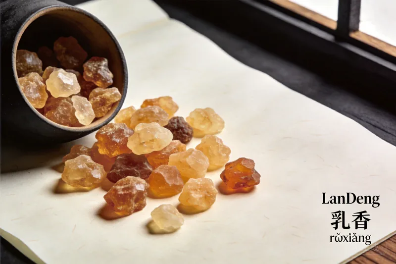 Pale golden frankincense resin tears in a shallow dish.