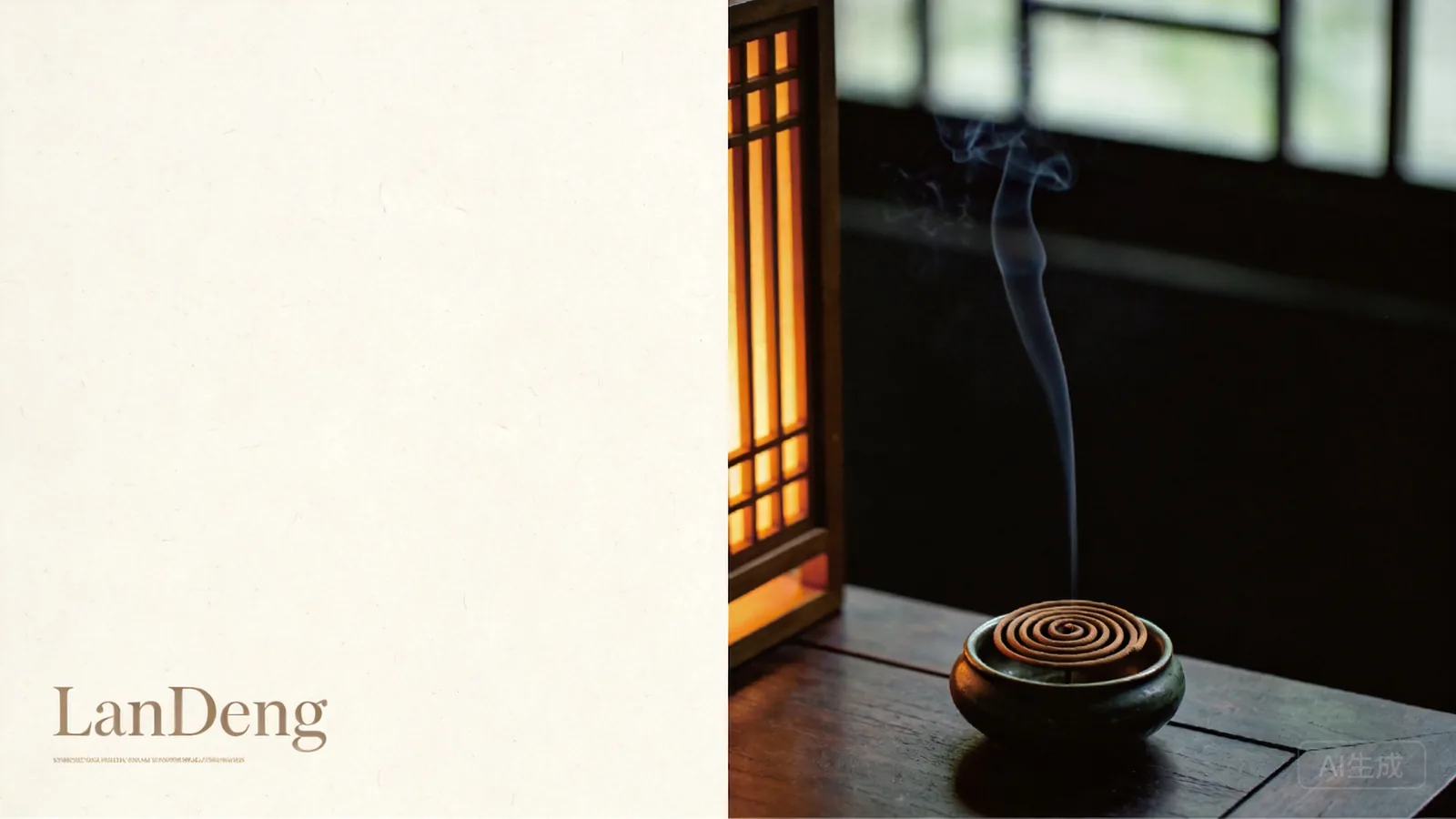 Incense smoke rising from a dark ceramic censer on a dark wood table, warm amber glow