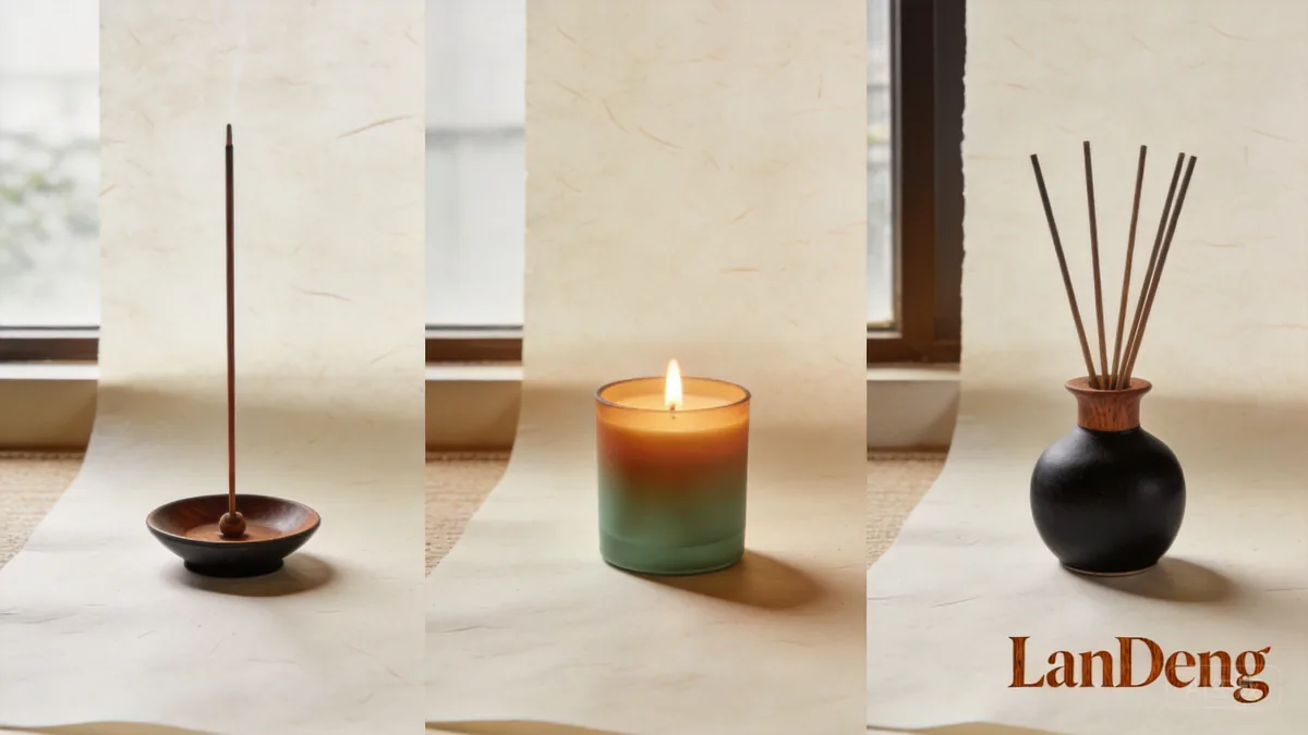 An incense stick, a candle, and a reed diffuser arranged side by side.