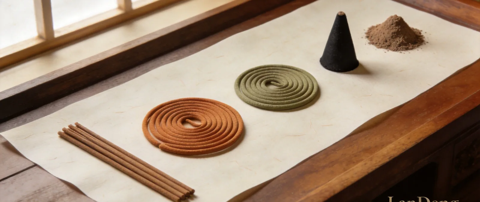 Editorial lineup of incense formats: sticks, spiral coil, backflow cone, powder mound on rice paper