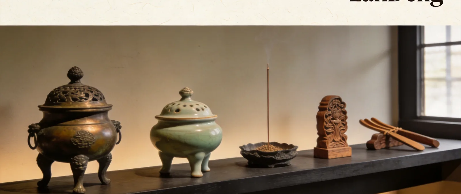 Wide banner of incense artifacts across eras on a dark museum shelf