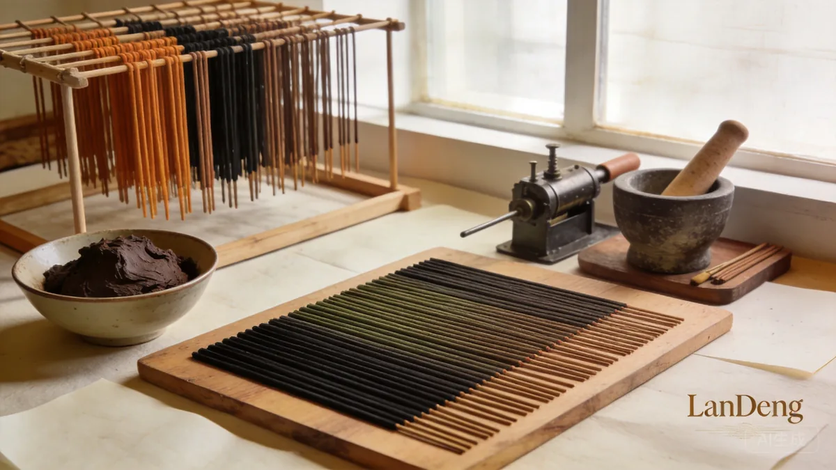 Freshly extruded incense sticks drying on a wooden board.