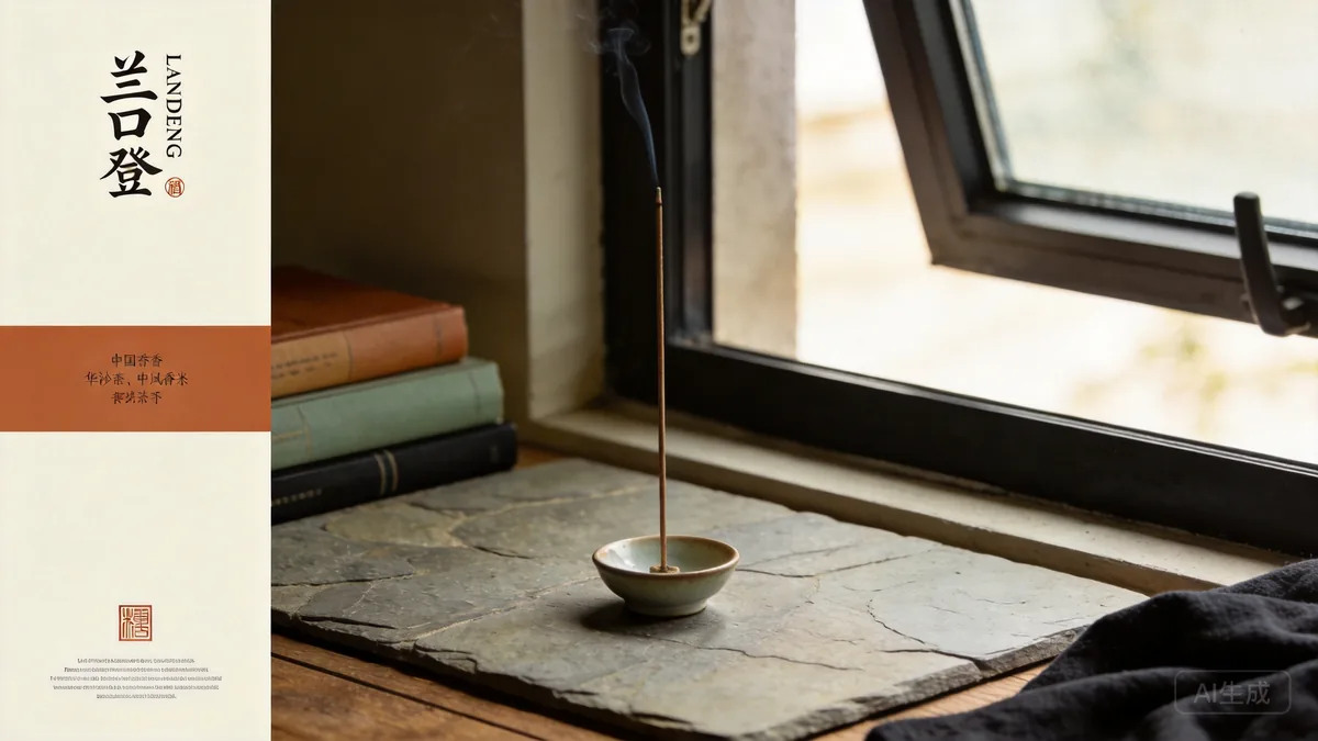 A lit incense stick in a fireproof holder on a clear stone surface by an open window.