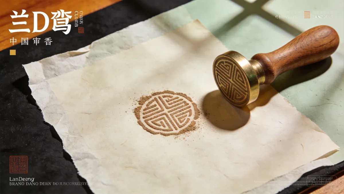 Chinese incense seal with brass template and wooden tamper beside pressed powder pattern