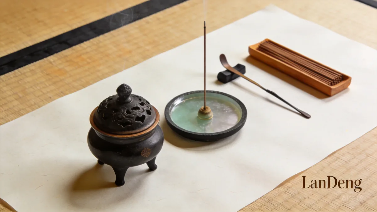 Japanese kodo ceremony utensils: koro burner, mica plate and tools on tatami
