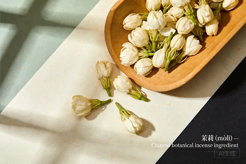Dried white jasmine blossoms in a small ceramic dish.