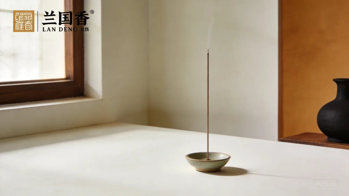One incense stick in a tiny ceramic holder on an empty warm-white surface