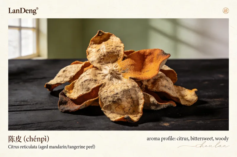 Dried amber-orange citrus peel pieces in a shallow dish.
