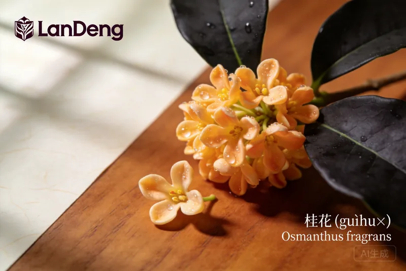 Tiny golden dried osmanthus flowers heaped in a dish.
