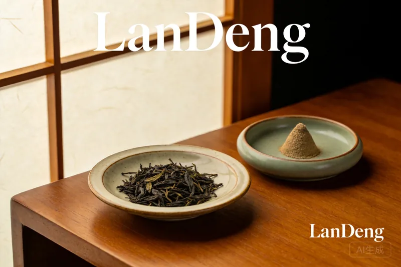 Tea leaves and a small mound of incense powder in matching ceramic dishes