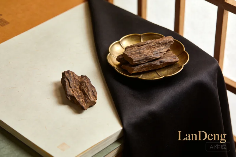 Refined agarwood pieces and a small gold-accented dish on dark silk