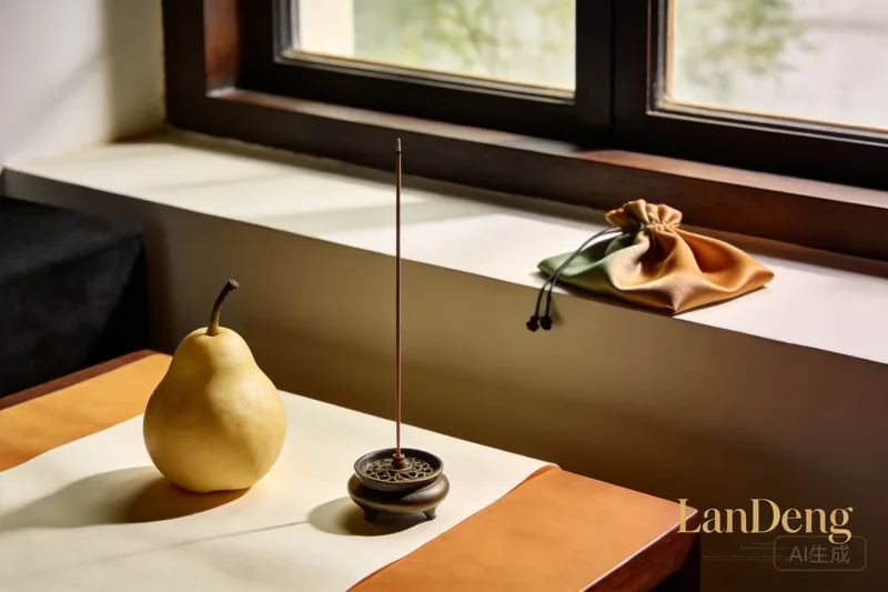 A pear with a small censer and silk cloth in soft window light