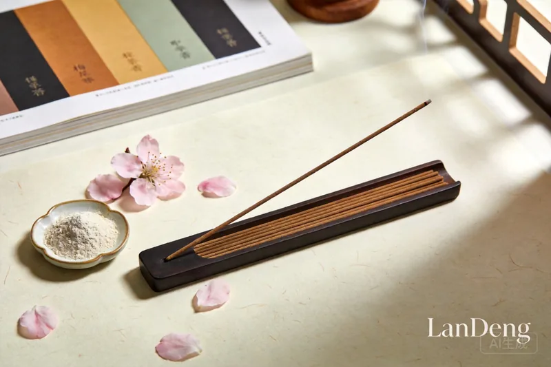 Plum blossom petals with small dishes of pale aromatic powders