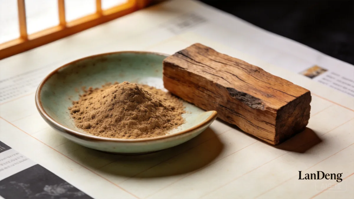 Sandalwood powder in a ceramic dish beside a raw sandalwood block