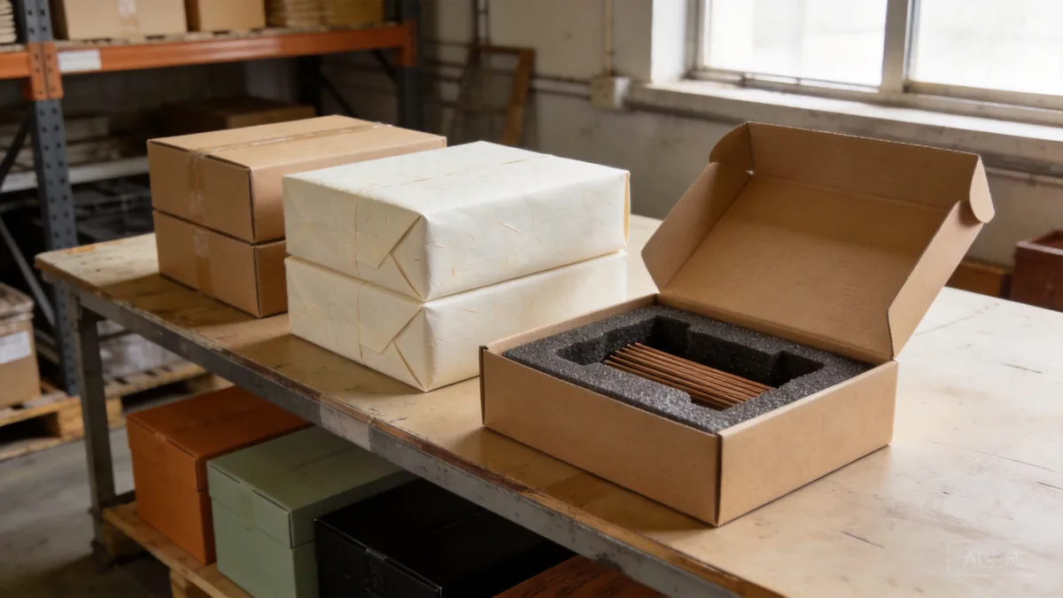 Neutral kraft export packaging boxes on a warehouse table